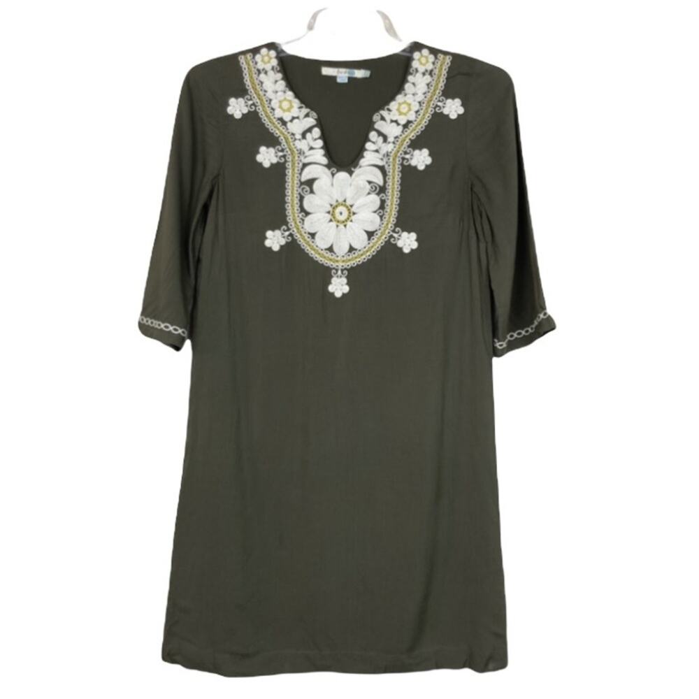 Boden Olive Green Dress with White Embroidery